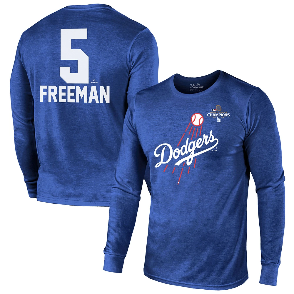 Men's Majestic Threads Freddie Freeman Royal Los Angeles Dodgers 2024 World Series Champions Name & Number Tri-Blend Long Sleeve T-Shirt