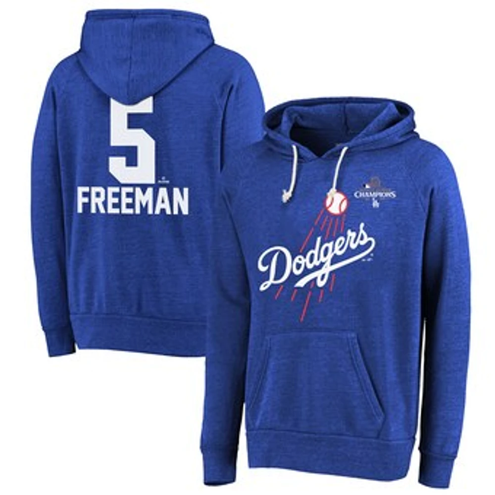 Men's Majestic Threads Freddie Freeman Royal Los Angeles Dodgers 2024 World Series Champions Name & Number Tri-Blend Pullover Hoodie