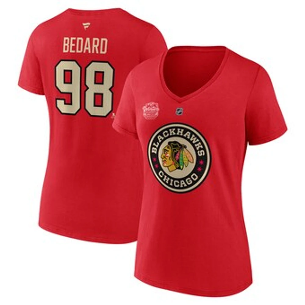 Women's Fanatics Connor Bedard Red Chicago Blackhawks 2025 NHL Winter Classic Authentic Stack Name & Number V-Neck T-Shirt