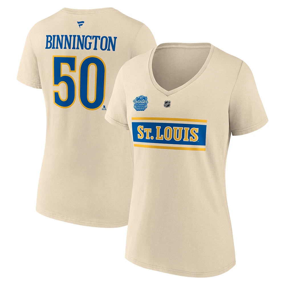 Women's Fanatics Jordan Binnington Cream St. Louis Blues 2025 NHL Winter Classic Authentic Stack Name & Number V-Neck T-Shirt