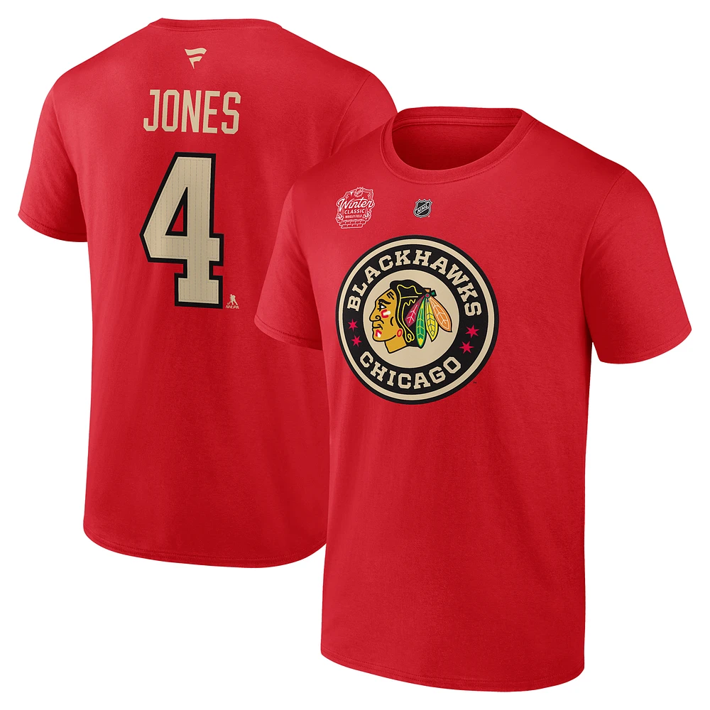 Men's Fanatics Seth Jones Red Chicago Blackhawks 2025 NHL Winter Classic Authentic Stack Name & Number T-Shirt