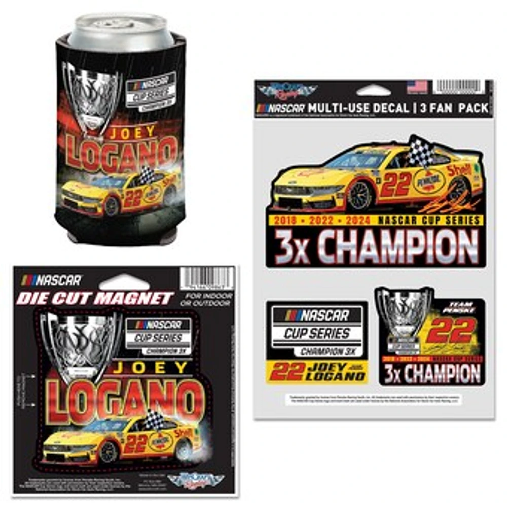 WinCraft Joey Logano Three-Time NASCAR Cup Series Champion 12oz. Can Cooler, Magnet & Three-Pack Fan Decal Set