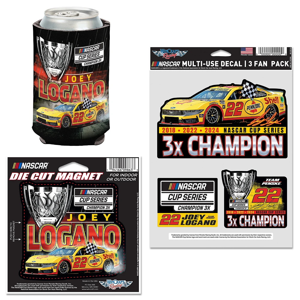 WinCraft Joey Logano Three-Time NASCAR Cup Series Champion 12oz. Can Cooler, Magnet & Three-Pack Fan Decal Set