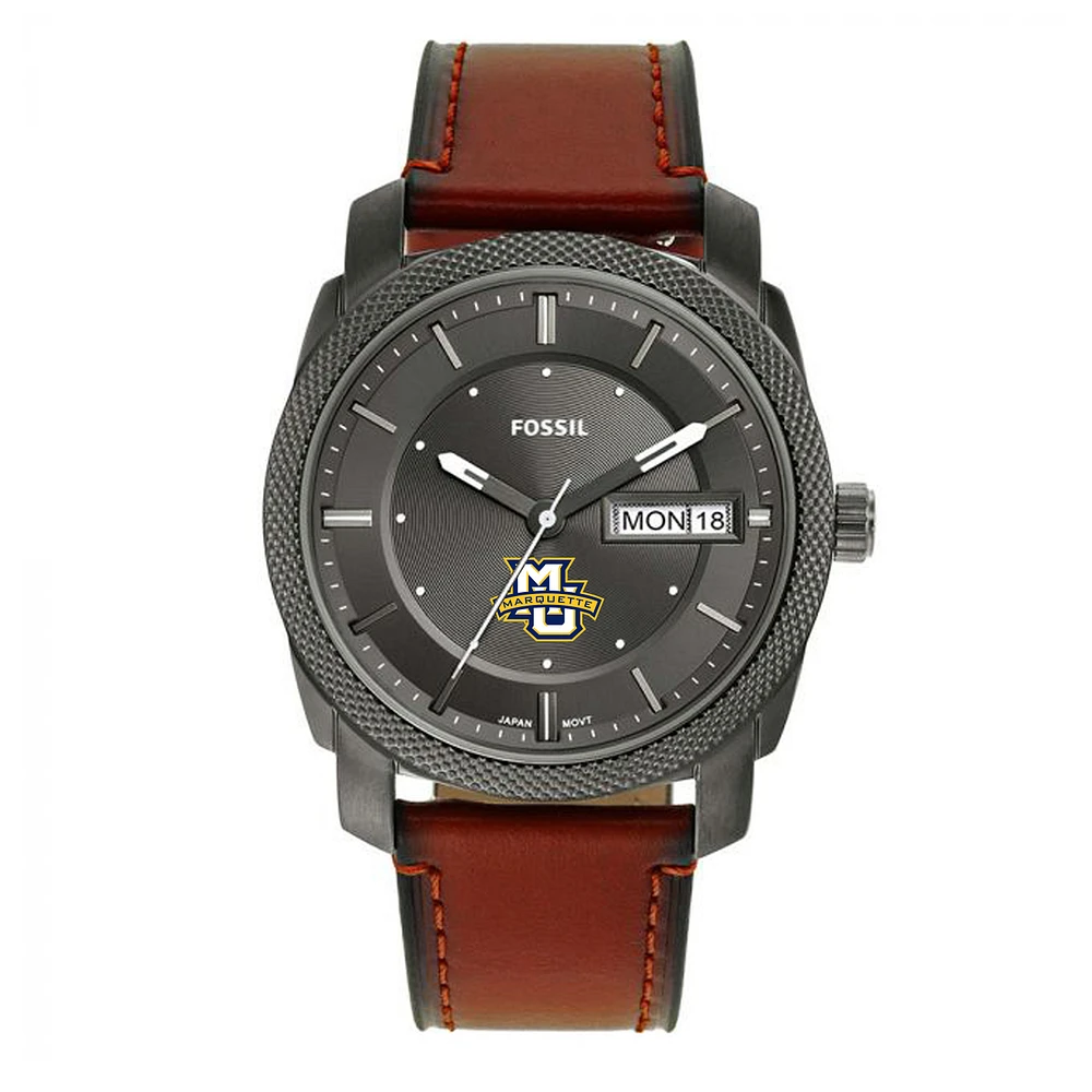 Men's Fossil Marquette Golden Eagles Machine Three-Hand Date Brown Leather Watch