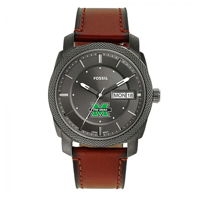 Men's Fossil Marshall Thundering Herd Machine Three-Hand Date Brown Leather Watch