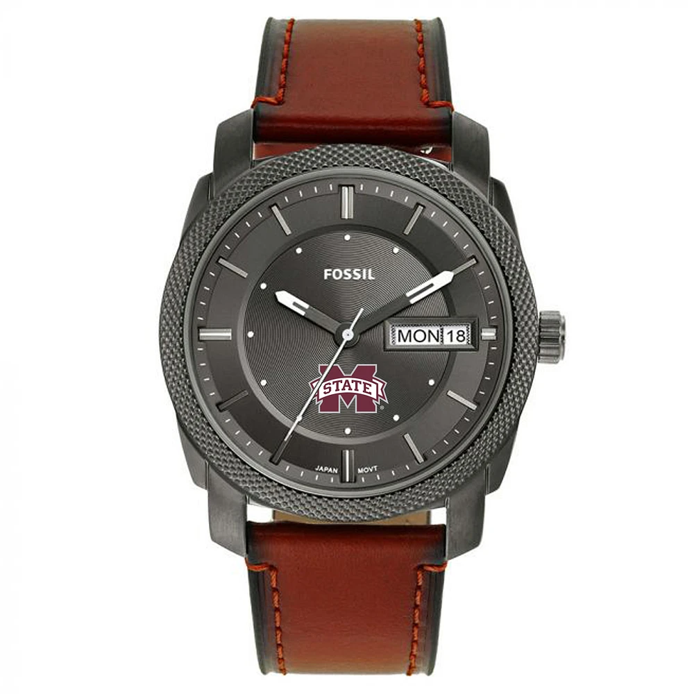 Men's Fossil Mississippi State Bulldogs Machine Three-Hand Date Brown Leather Watch