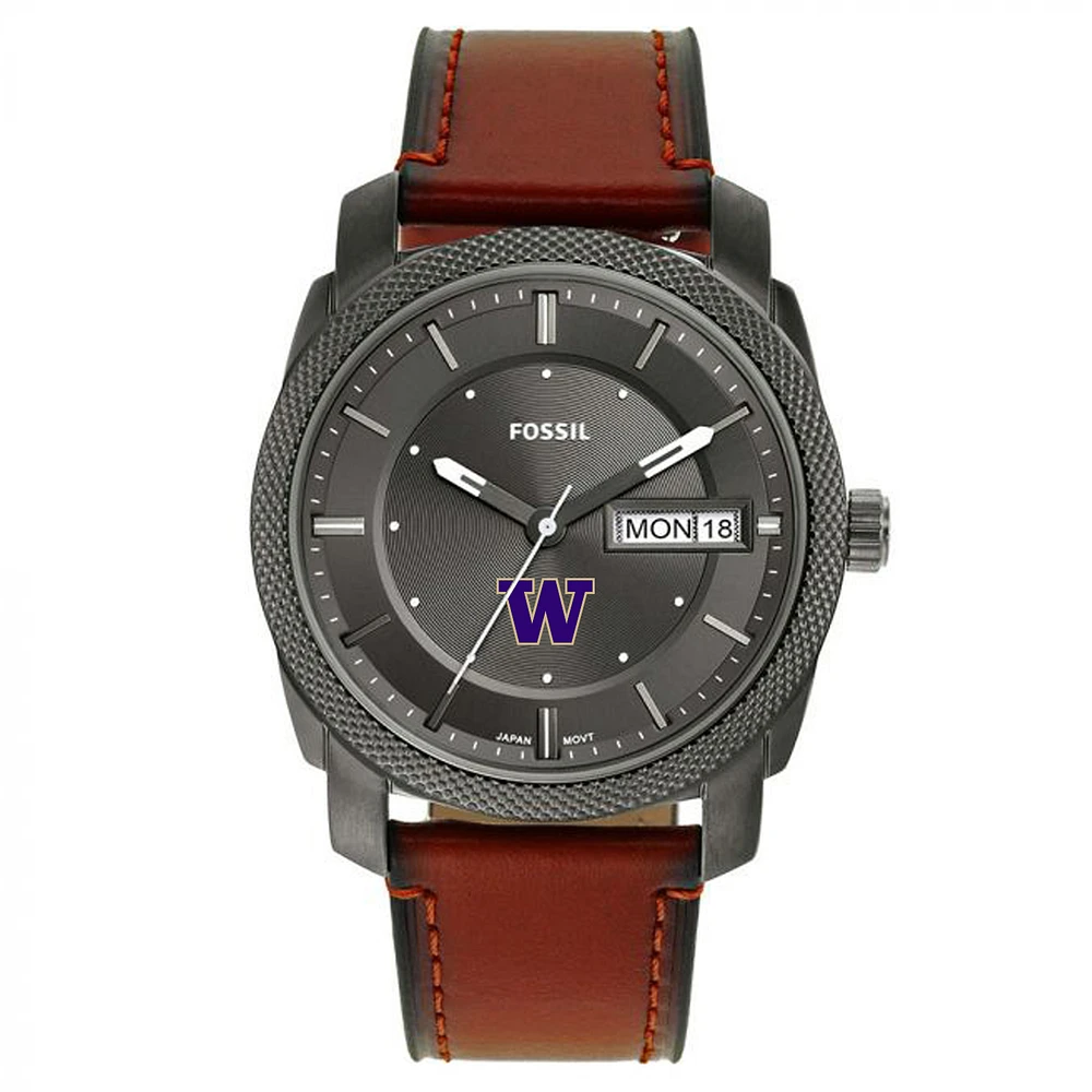 Men's Fossil Washington Huskies Machine Three-Hand Date Brown Leather Watch