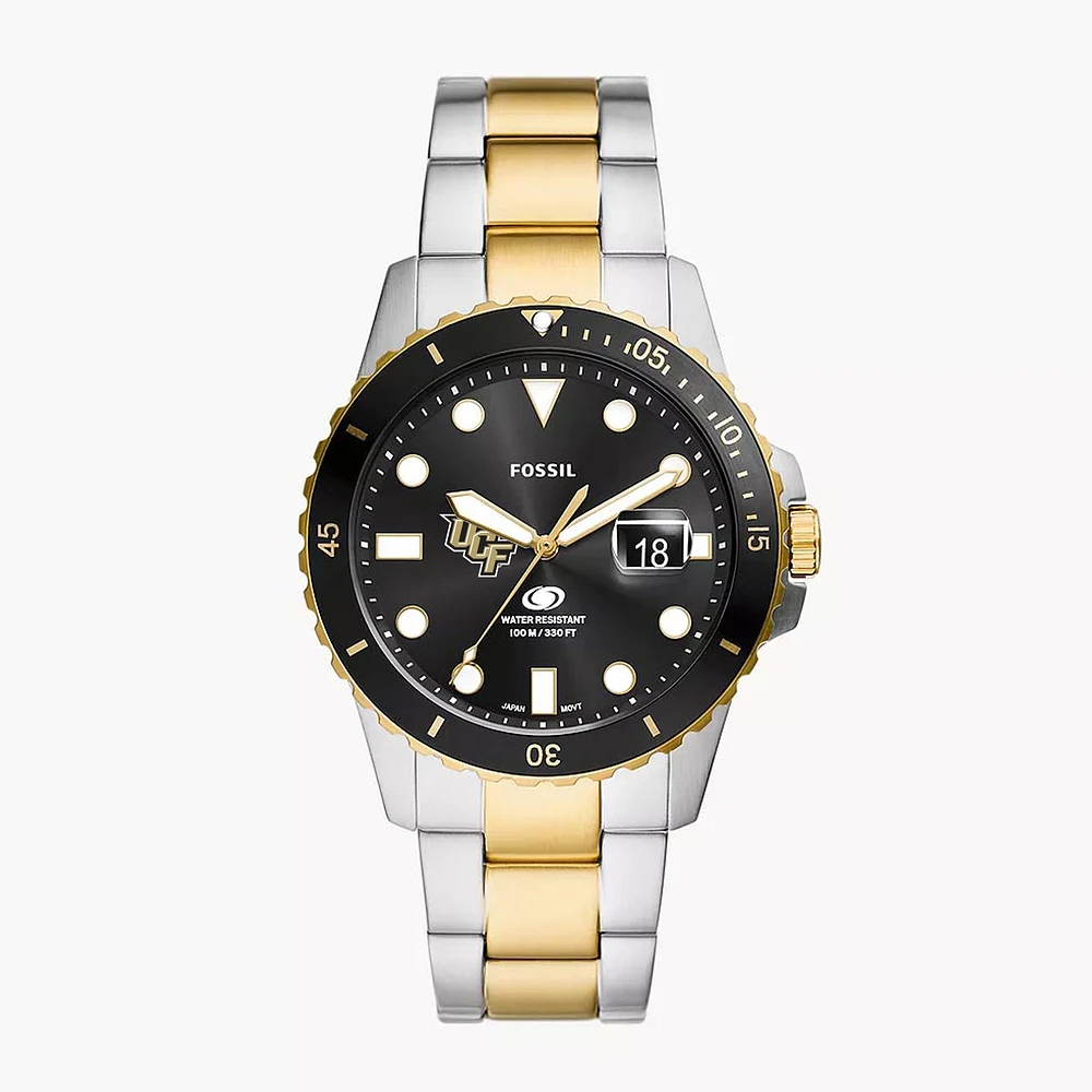 Men's Fossil Silver UCF Knights Blue Dive Three-Hand Date Two-Tone Stainless Steel Watch