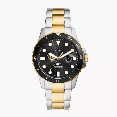 Men's Fossil  Silver UCF Knights Blue Dive Three-Hand Date Two-Tone Stainless Steel Watch