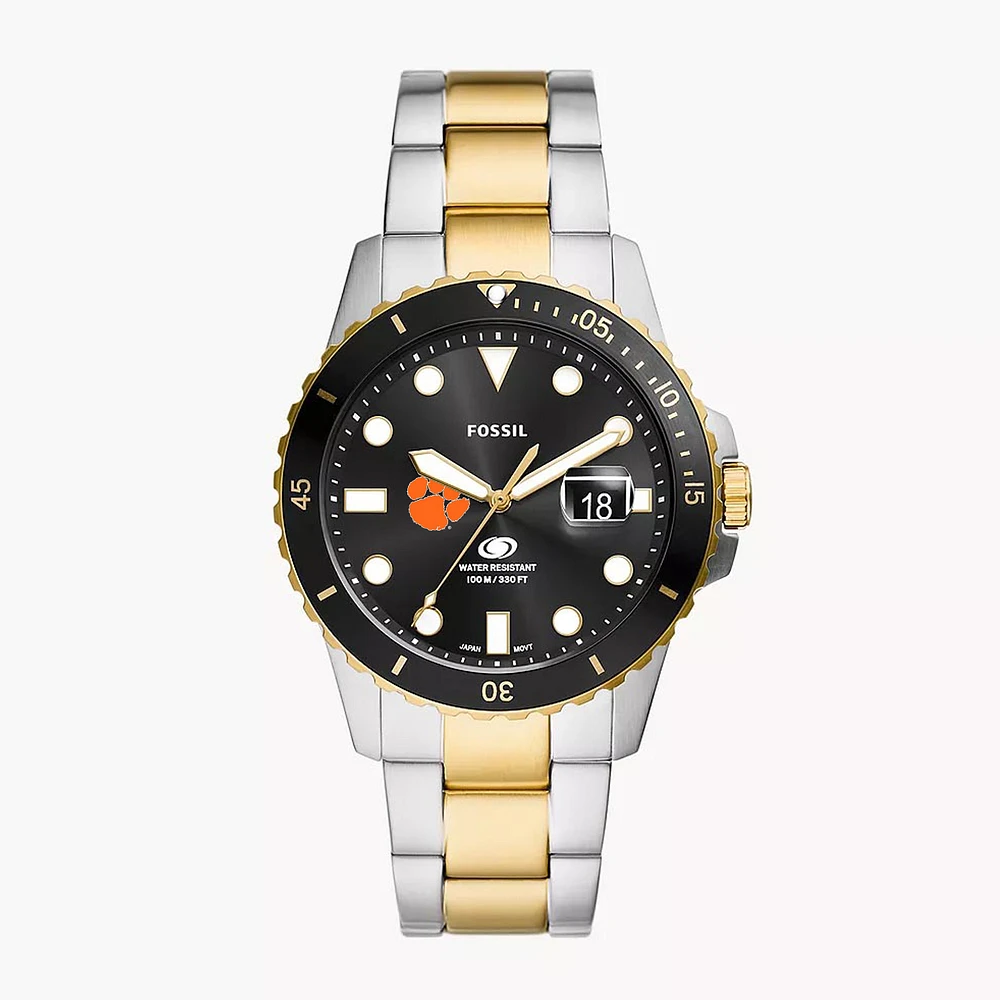 Men's Fossil Silver Clemson Tigers Blue Dive Three-Hand Date Two-Tone Stainless Steel Watch