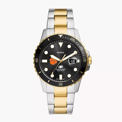 Men's Fossil  Silver Clemson Tigers Blue Dive Three-Hand Date Two-Tone Stainless Steel Watch