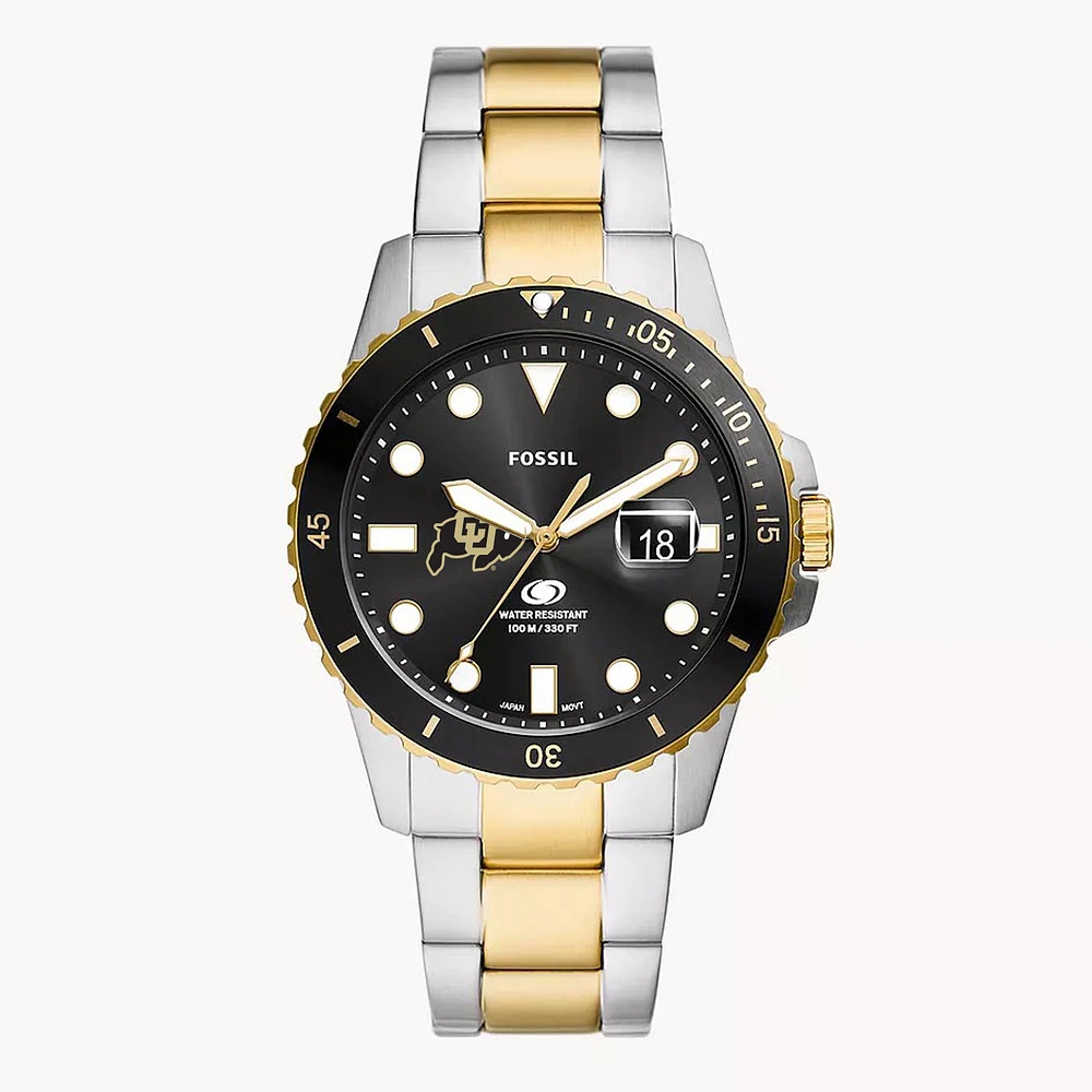 Men's Fossil Silver Colorado Buffaloes Blue Dive Three-Hand Date Two-Tone Stainless Steel Watch