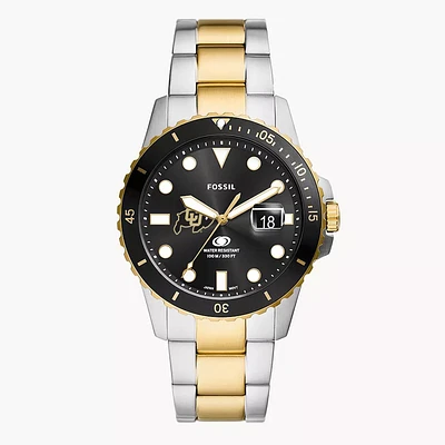 Men's Fossil  Silver Colorado Buffaloes Blue Dive Three-Hand Date Two-Tone Stainless Steel Watch