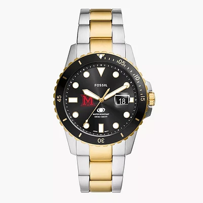 Men's Fossil  Silver Miami University RedHawks Blue Dive Three-Hand Date Two-Tone Stainless Steel Watch