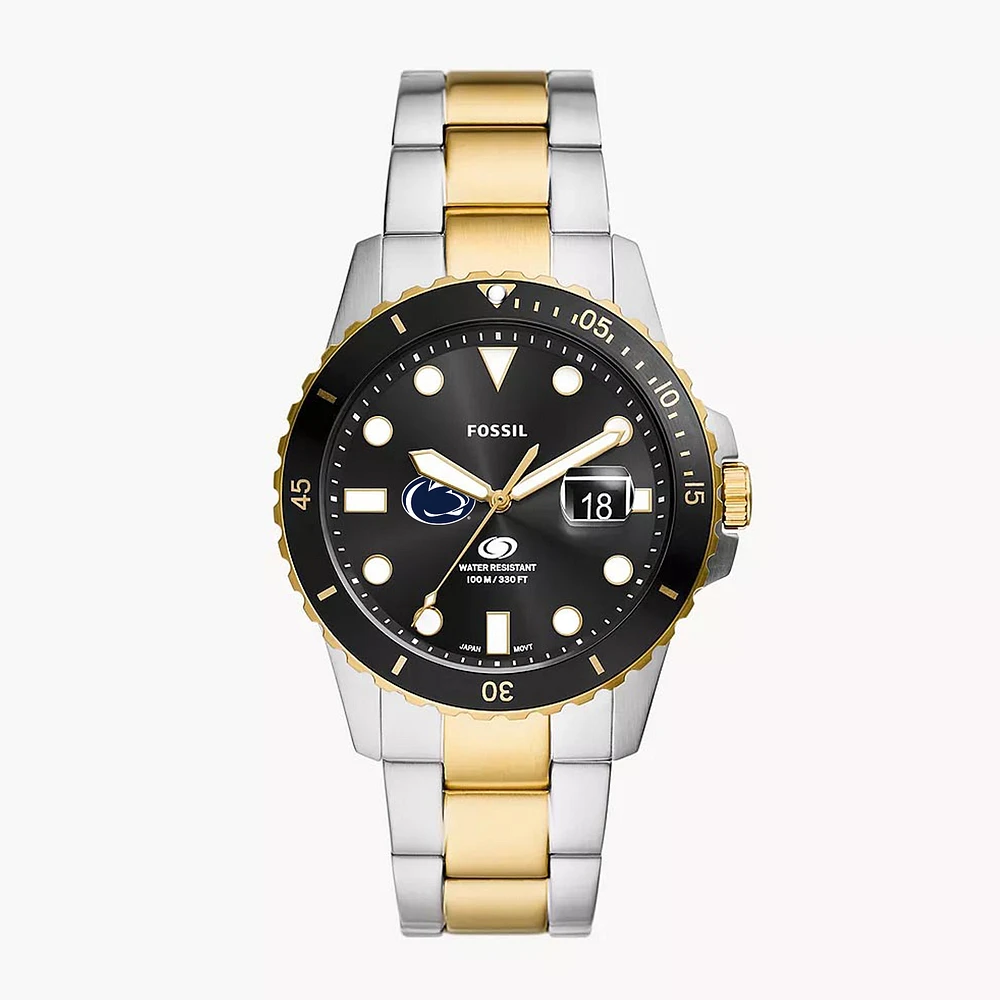 Men's Fossil Silver Penn State Nittany Lions Blue Dive Three-Hand Date Two-Tone Stainless Steel Watch
