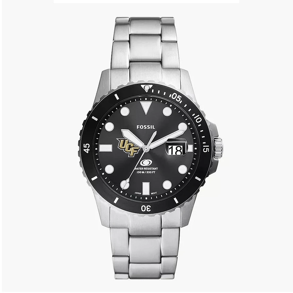 Men's Fossil Silver UCF Knights Blue Dive Three-Hand Date Stainless Steel Watch