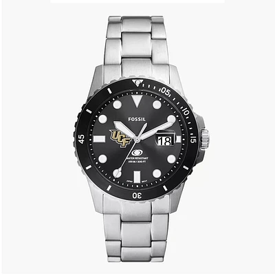 Men's Fossil Silver UCF Knights Blue Dive Three-Hand Date Stainless Steel Watch