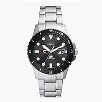 Men's Fossil Silver Georgia Bulldogs Blue Dive Three-Hand Date Stainless Steel Watch