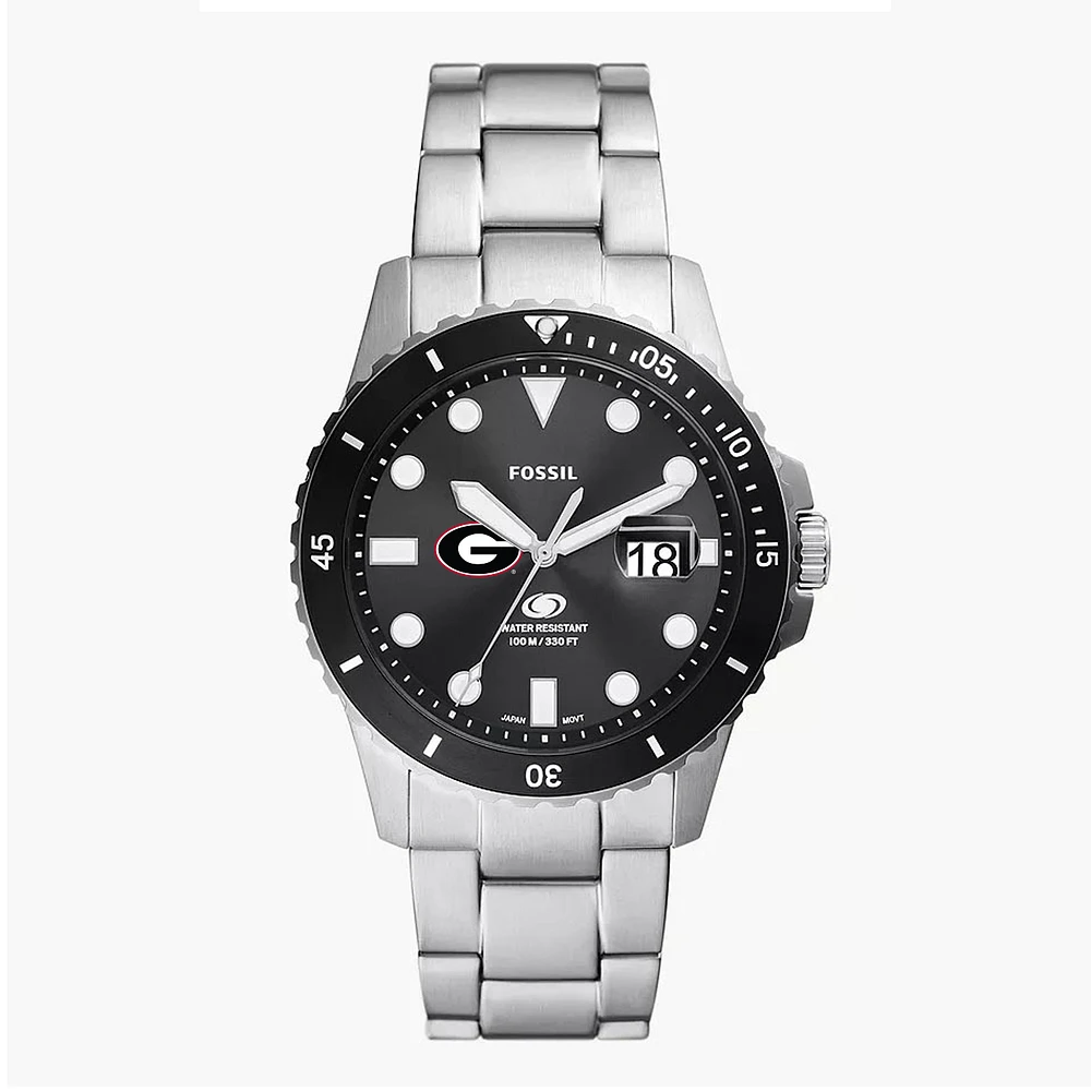 Men's Fossil Silver Georgia Bulldogs Blue Dive Three-Hand Date Stainless Steel Watch