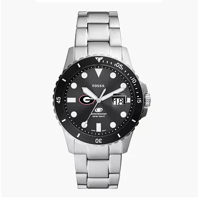 Men's Fossil Silver Georgia Bulldogs Blue Dive Three-Hand Date Stainless Steel Watch