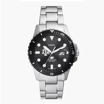 Men's Fossil Silver Texas A&M Aggies Blue Dive Three-Hand Date Stainless Steel Watch