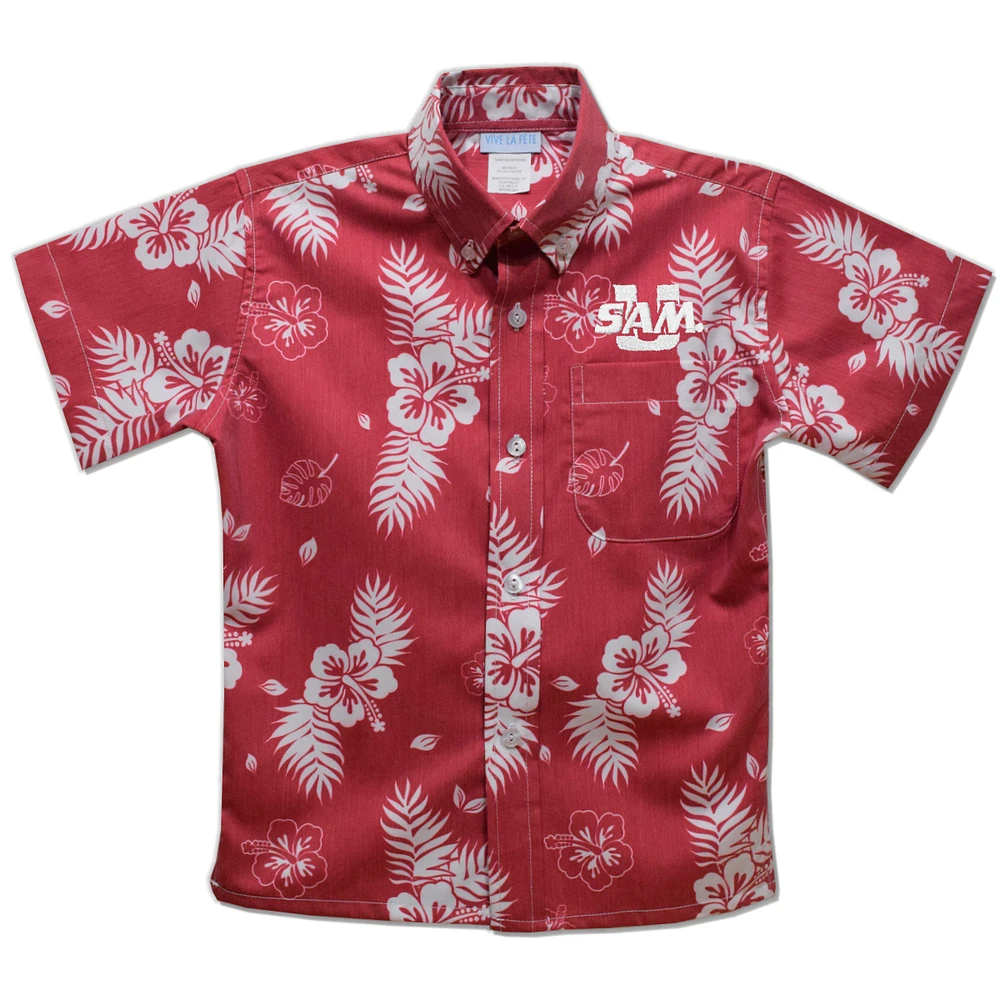 Youth Vive La Fete Red Samford Bulldogs Hawaiian Print Button-Down Shirt