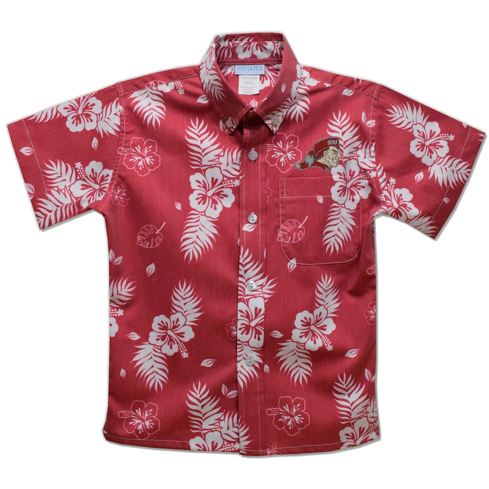 Youth Vive La Fete Red Sacred Heart Pioneers Hawaiian Print Button-Down Shirt