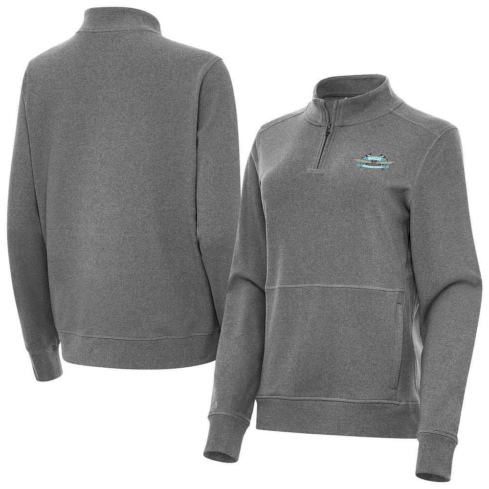 Women's Antigua Heather Black NASCAR 1956-63 Logo Crush Quarter-Zip Top