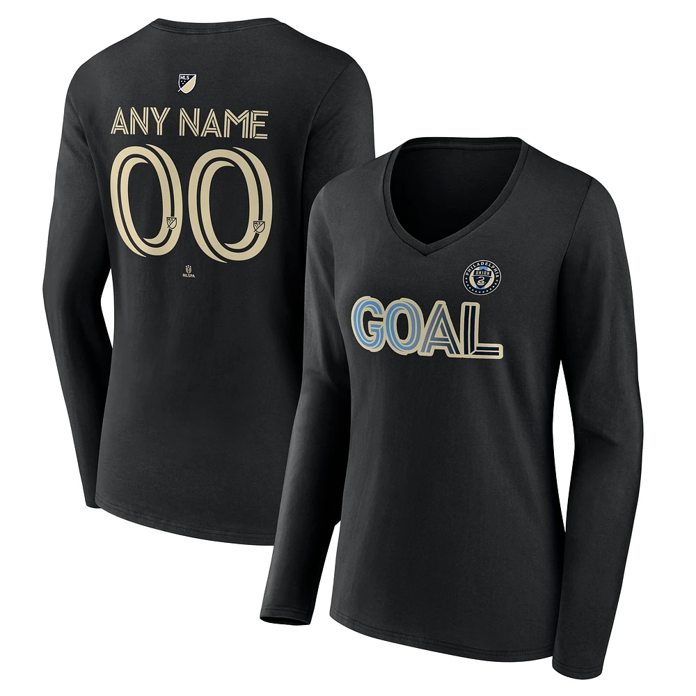 Women's Black Philadelphia Union Goal Custom V-Neck Long Sleeve T-Shirt