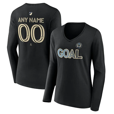 Women's Black Philadelphia Union Goal Custom V-Neck Long Sleeve T-Shirt