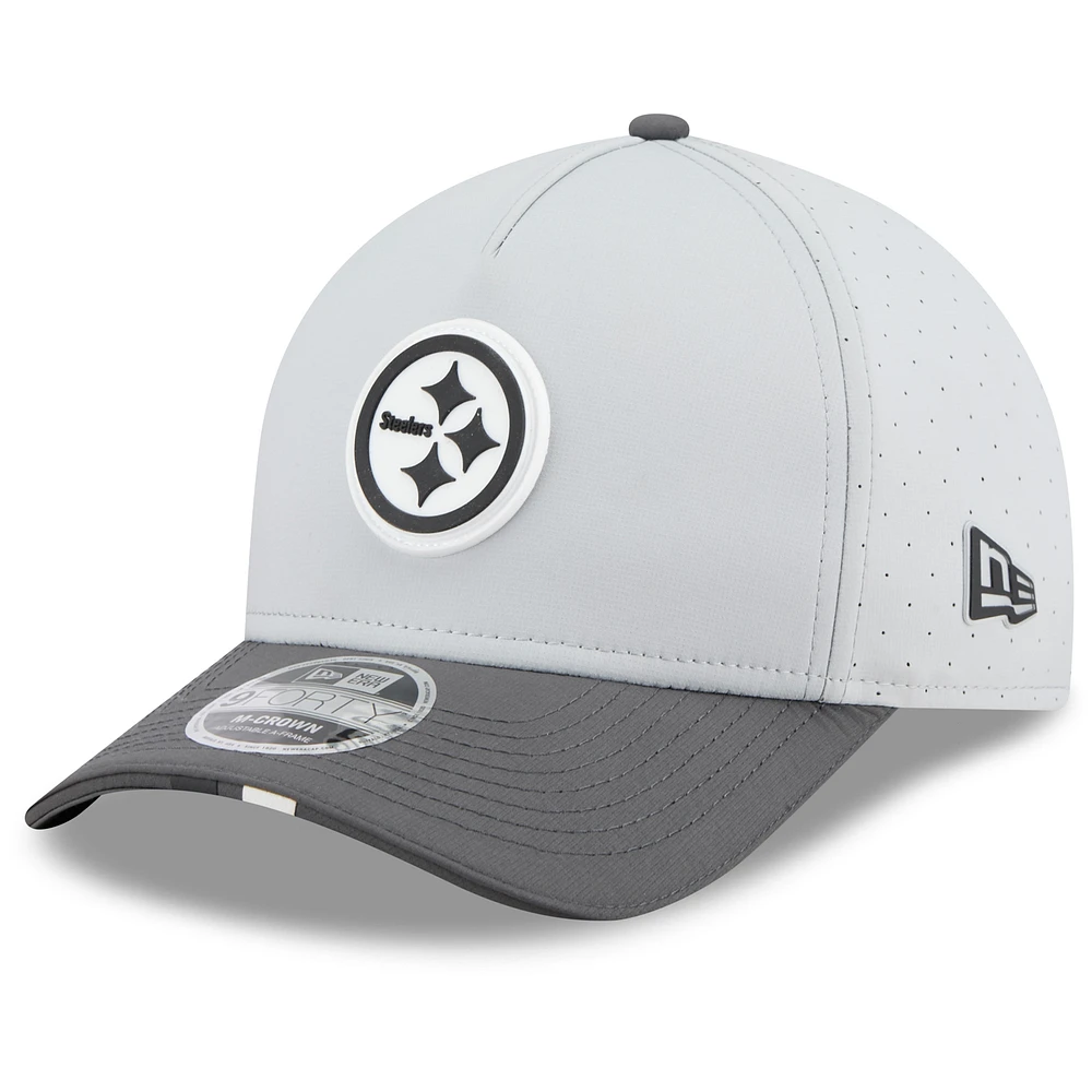 Men's New Era Gray/Graphite Pittsburgh Steelers 2025 NFL Training Camp A-Frame 9FORTY Adjustable Hat