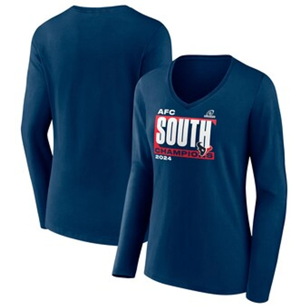 Women's Fanatics  Navy Houston Texans 2024 AFC South Division Champions Conquer Long Sleeve V-Neck T-Shirt