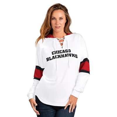 Women's G-III 4Her by Carl Banks  White Chicago Blackhawks Goal Zone Long Sleeve Lace-Up Hoodie T-Shirt