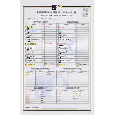 Pittsburgh Pirates Game-Used Lineup Card vs. Miami Marlins on March 29, 2024