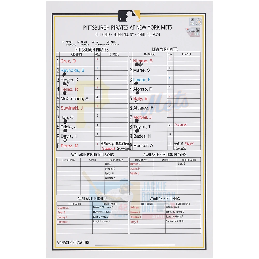 Pittsburgh Pirates Game-Used Lineup Card vs. New York Mets on April 15, 2024