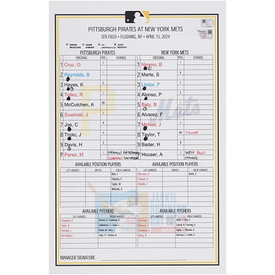 Pittsburgh Pirates Game-Used Lineup Card vs. New York Mets on April 15, 2024