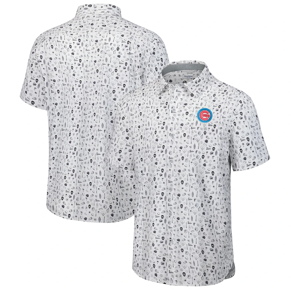 Men's Tommy Bahama Gray Chicago Cubs Nova Wave Riptide Rally Camp Button-Up Short Sleeve Shirt