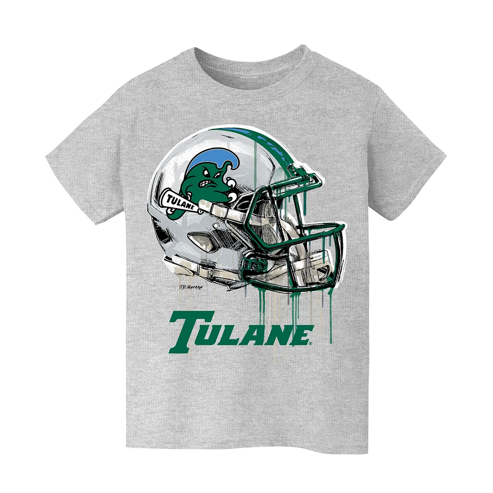 Youth Vive La Fete Heather Gray Tulane Green Wave Dripping Football Helmet T-Shirt