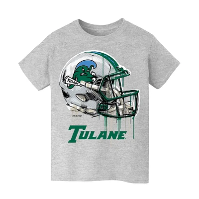 Youth Vive La Fete  Heather Gray Tulane Green Wave Dripping Football Helmet T-Shirt
