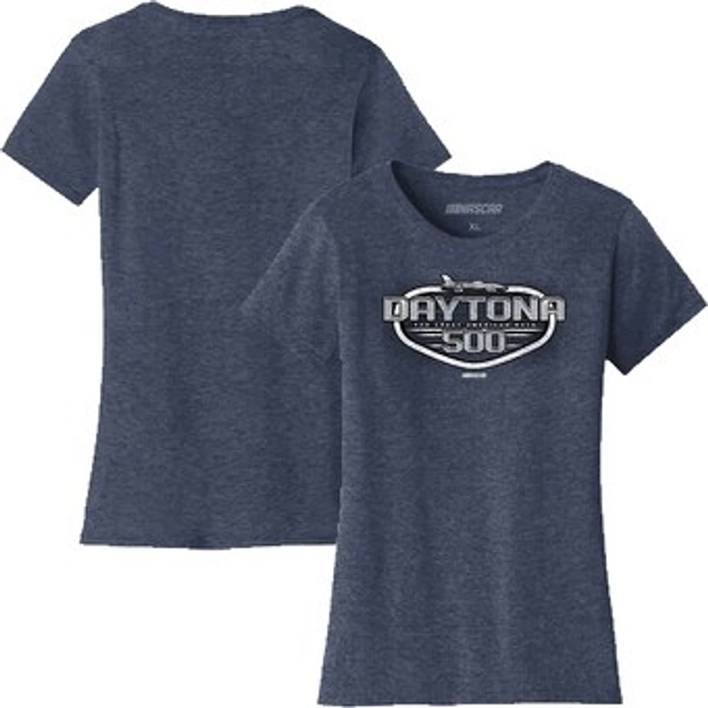 Women's Checkered Flag Sports Heather Navy Daytona International Speedway 2025 500 Graphic T-Shirt