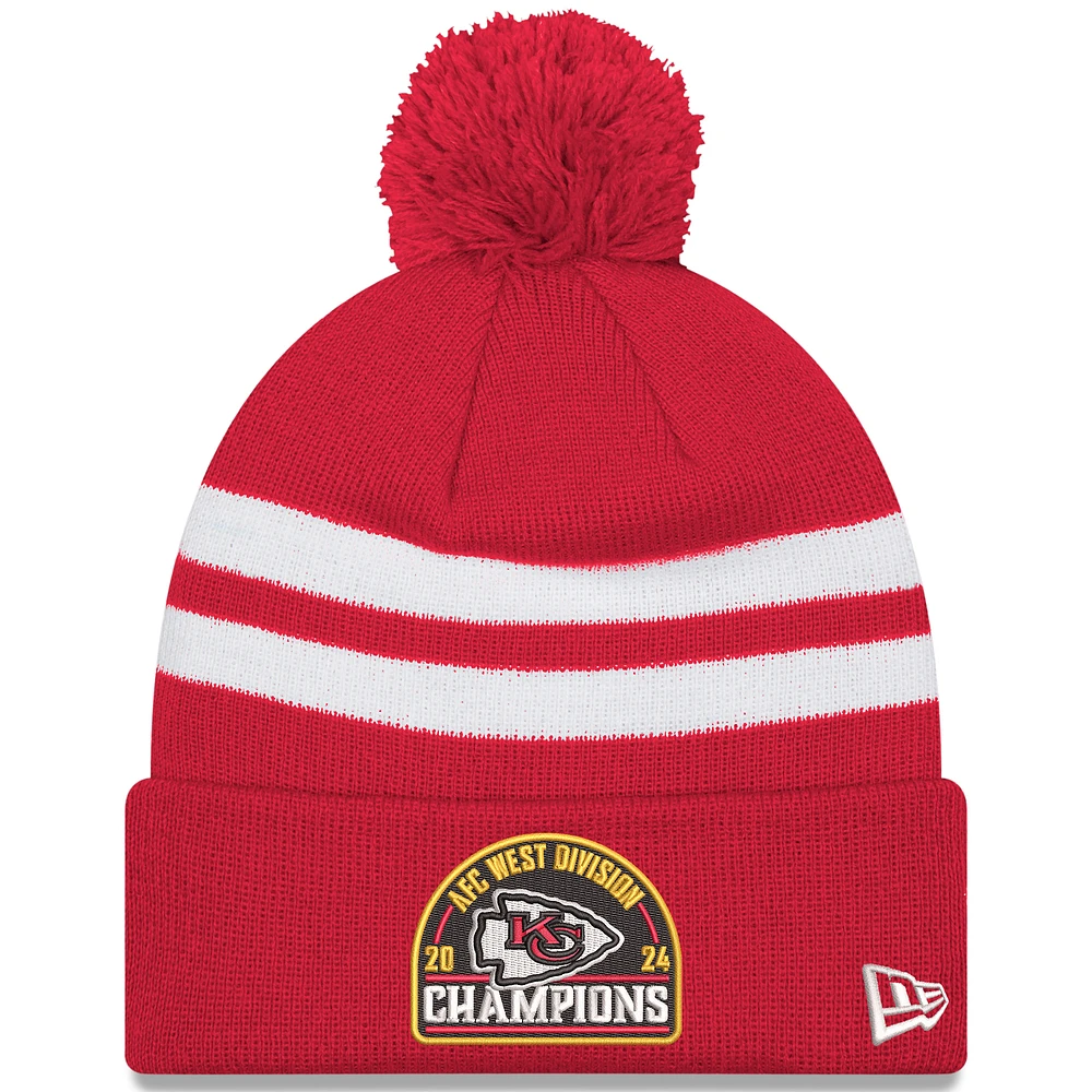 Men's New Era Red Kansas City Chiefs 2024 AFC West Division Champions Striped Cuffed Knit Hat with Pom