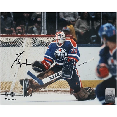 Grant Fuhr Edmonton Oilers Autographed 8" x 10" Royal Jersey Making Save Photograph