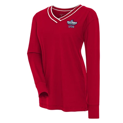Women's Antigua Red USA Hockey 2025 4 Nations Face Off Symbolic V-Neck Long Sleeve T-Shirt
