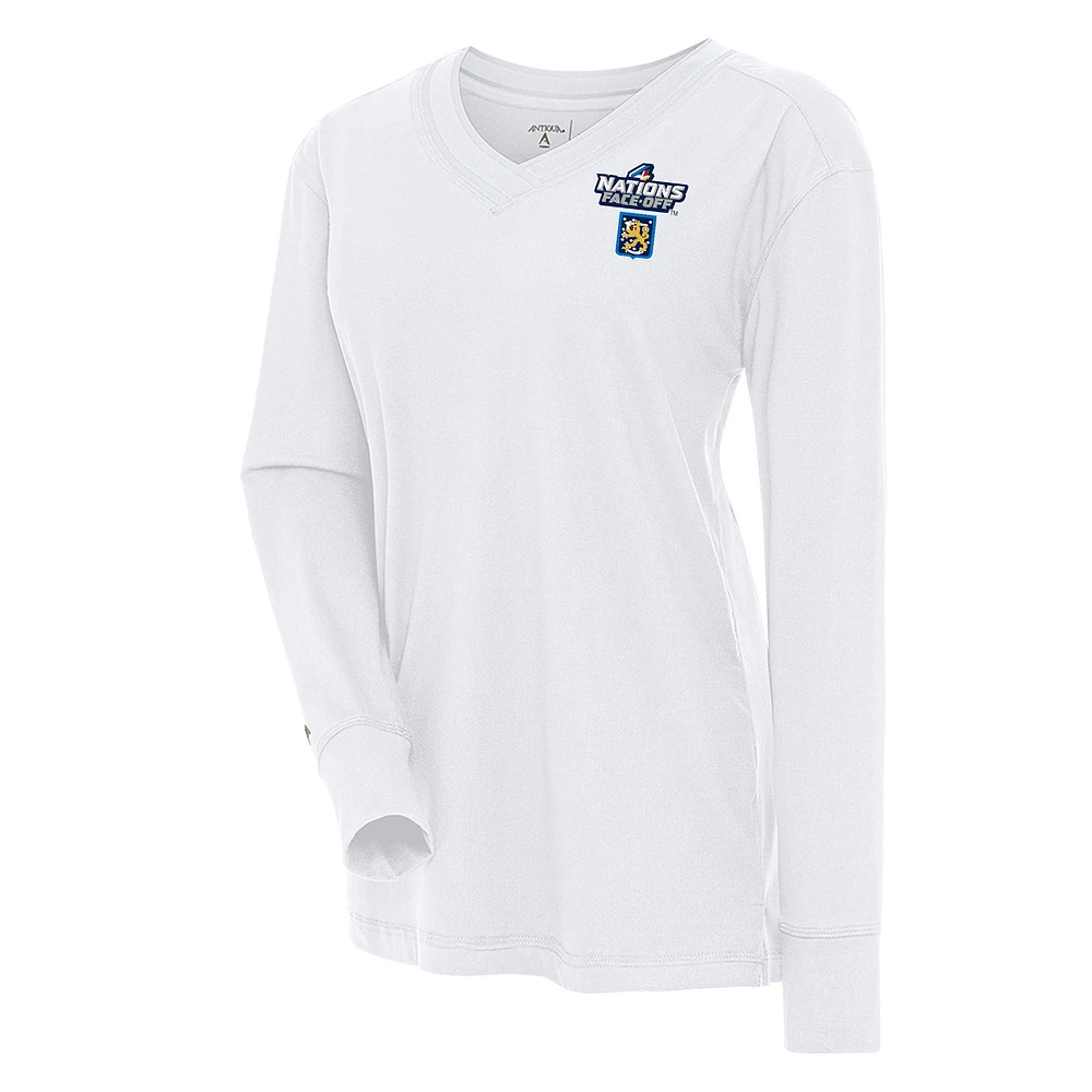 Women's Antigua White Finland Hockey 2025 4 Nations Face Off Symbolic V-Neck Long Sleeve T-Shirt