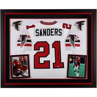 Deion Sanders Atlanta Falcons Autographed Deluxe Framed Mitchell & Ness White Authentic Jersey with "Prime Time" Inscription