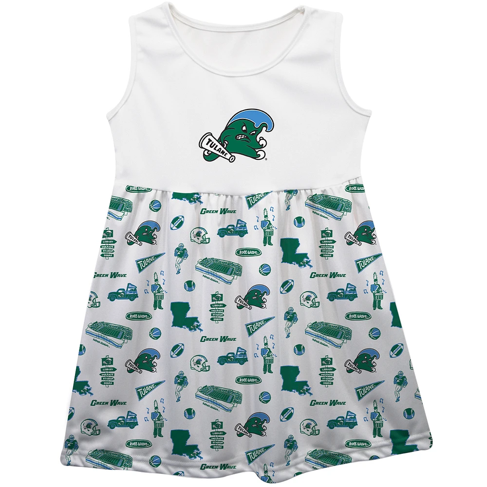 Girls Toddler Vive La Fete White Tulane Green Wave Impressions Artwork Tank Top Dress