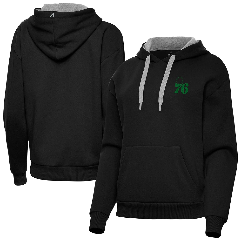 Women's Antigua Black Philadelphia 76ers St. Patrick's Day Victory Pullover Hoodie