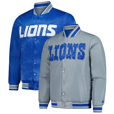 Men's Starter Blue/Silver Detroit Lions Satin Varsity Full-Snap Reversible Jacket