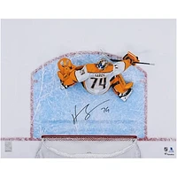 Juuse Saros Nashville Predators Autographed 16" x 20" White Jersey Overhead Making Save Photograph