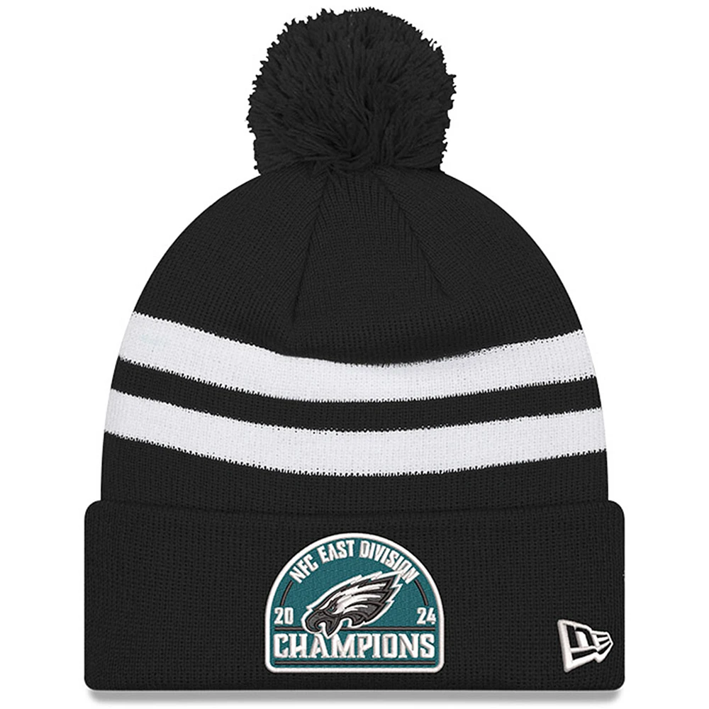 Men's New Era  Black Philadelphia Eagles 2024 NFC East Division Champions Striped Cuffed Knit Hat with Pom